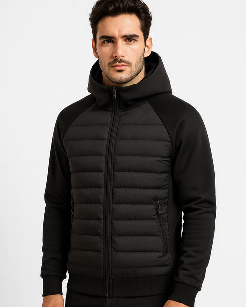 Men's Hooded Puffer Jacket – Black Raglan Softshell