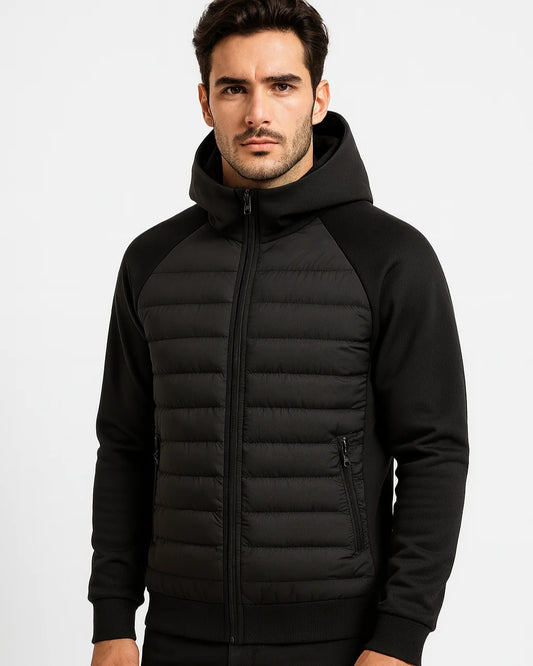 Men's Hooded Puffer Jacket – Black Raglan Softshell