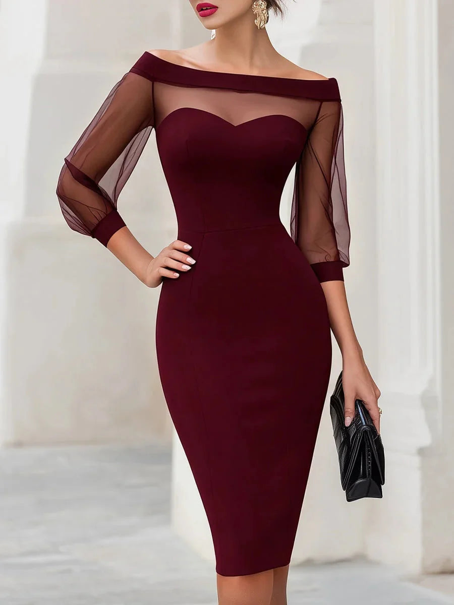 Off-Shoulder Cocktail Midi Dress with Sheer Sleeves