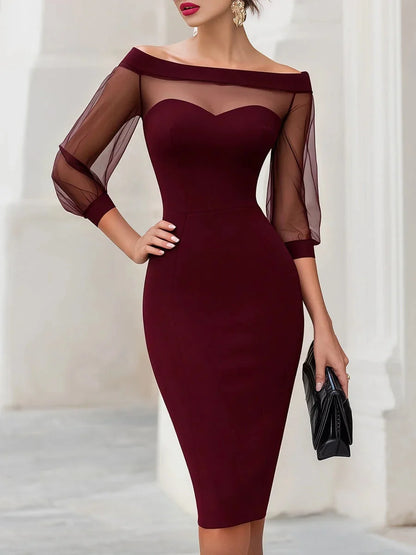 Off-Shoulder Cocktail Midi Dress with Sheer Sleeves