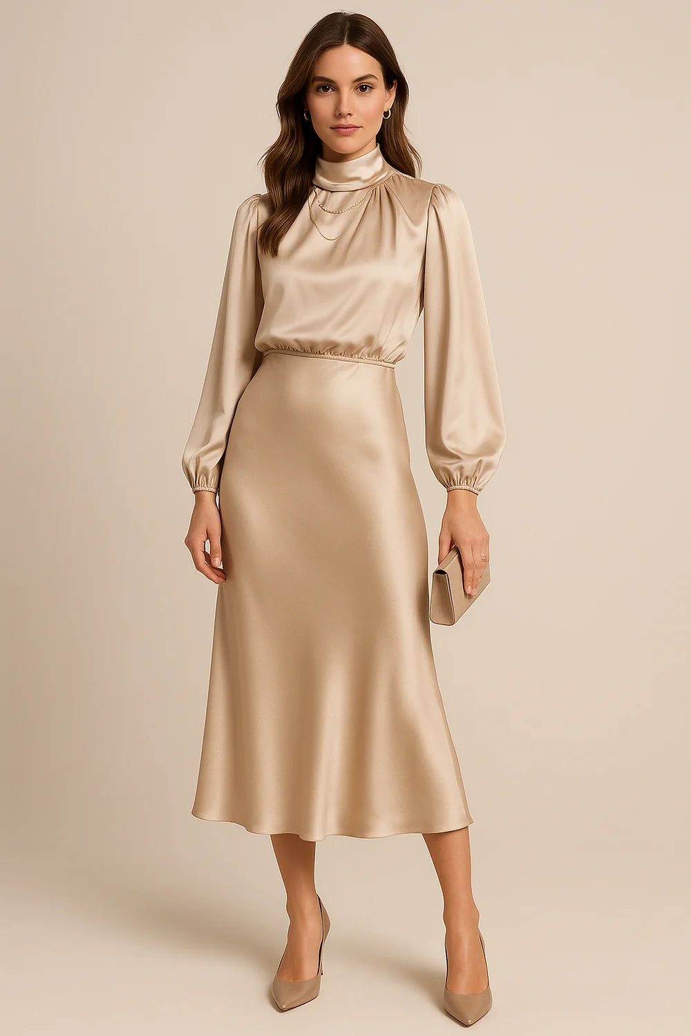 Wedding Guest Dress – Black Roll Neck Satin Midi