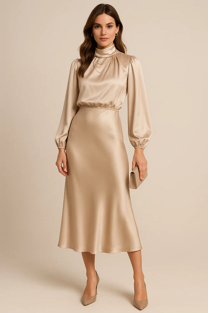 Wedding Guest Dress – Black Roll Neck Satin Midi