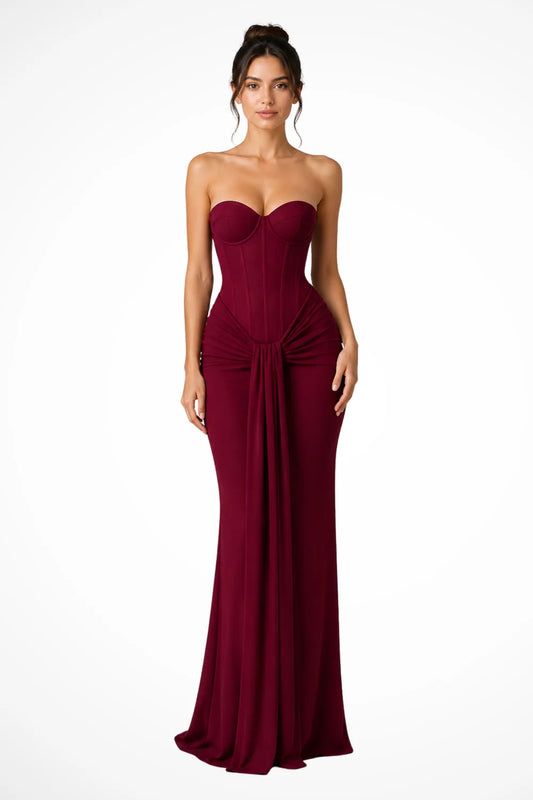 Lace Maxi Dress – Burgundy Strapless Corset
