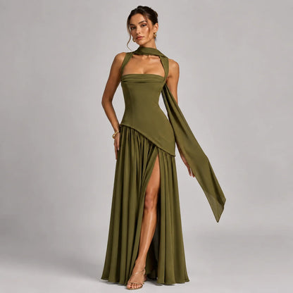 Draped Satin Wedding-Guest Maxi Dress
