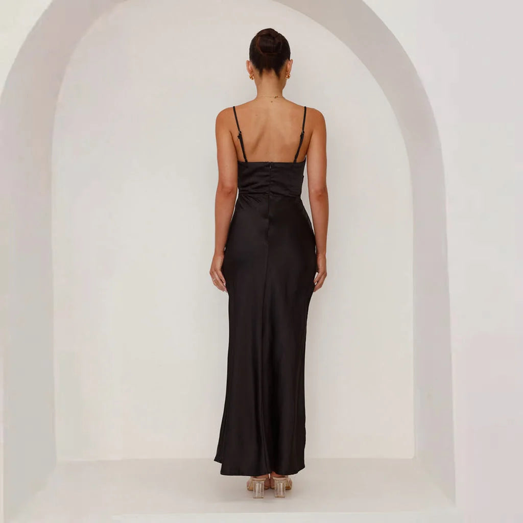 Wedding Guest Dress – Black Pleated Maxi
