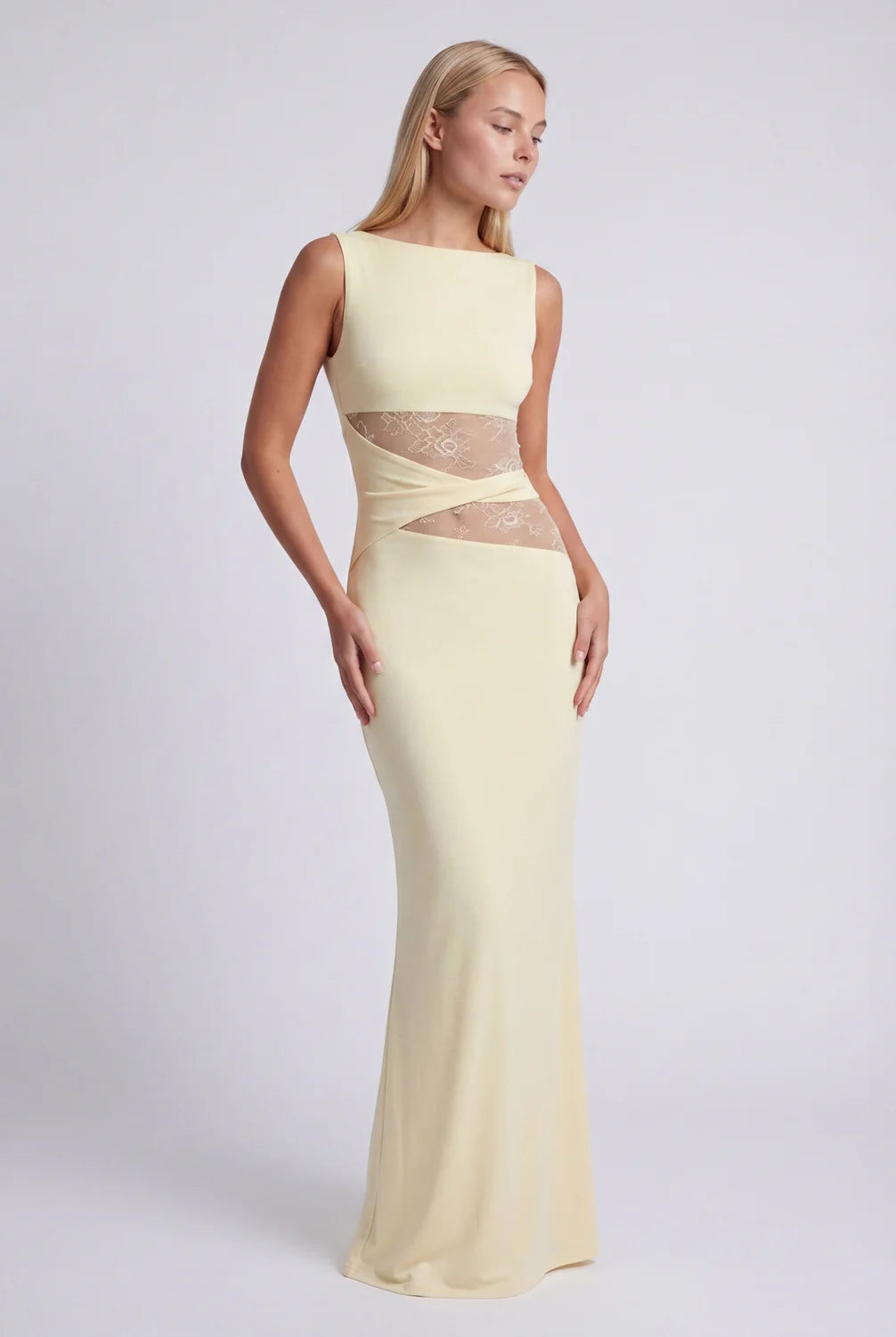 Lace Maxi Dress – Black Sheer Lace Waist Sleeveless