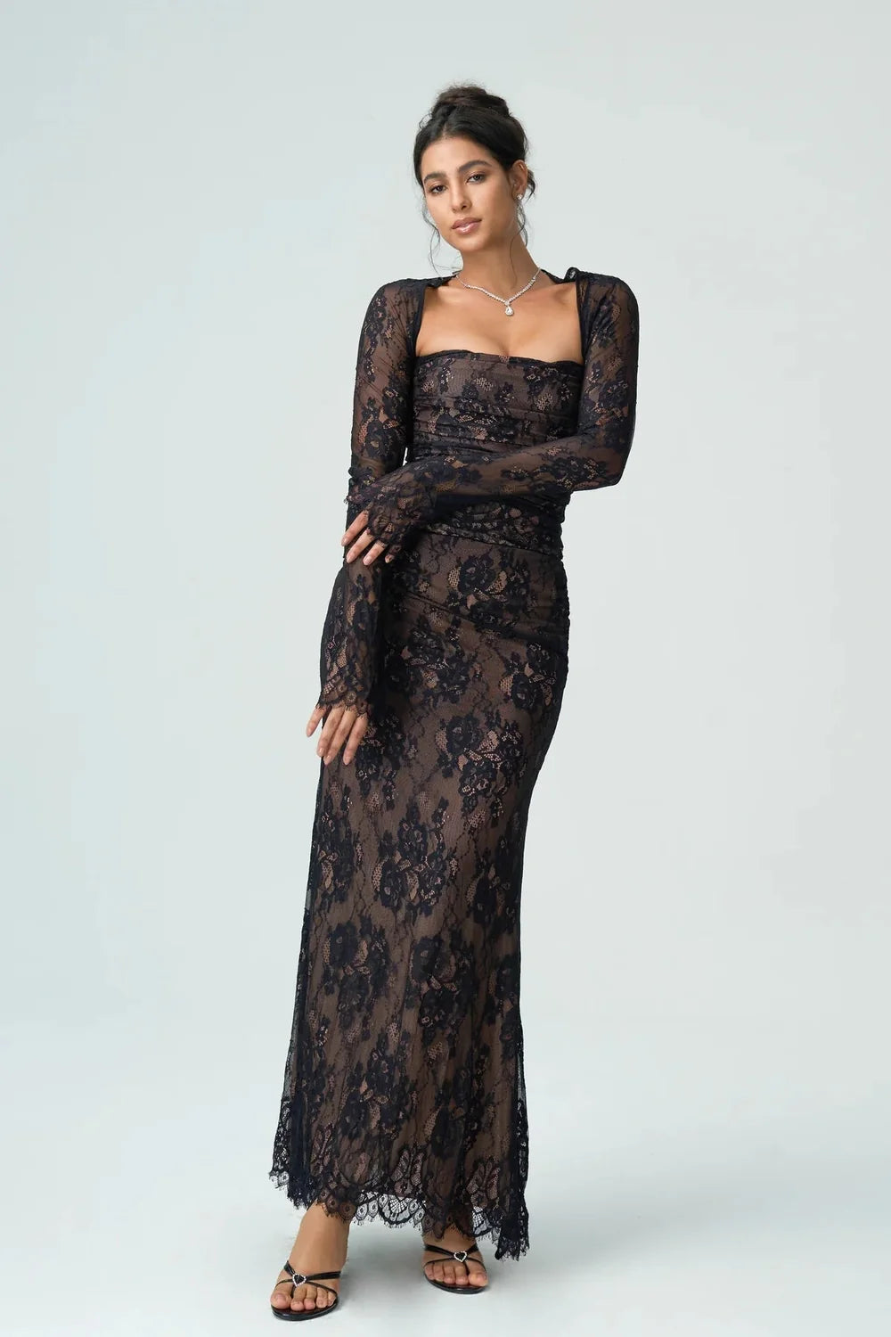 Lace Maxi Dress – Black Long Sleeve Square Neck