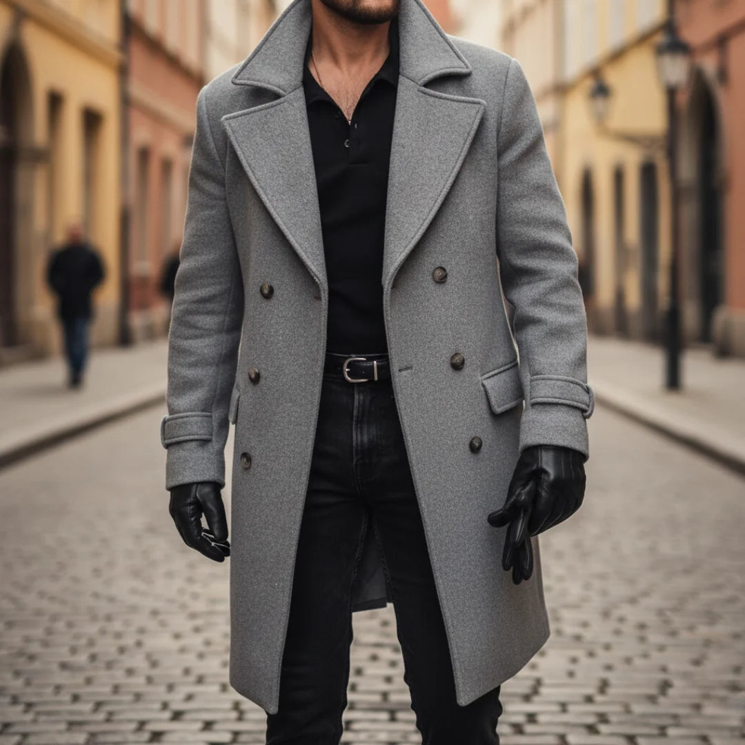 Men's Wool Coat – Blue Double-Breasted Longline