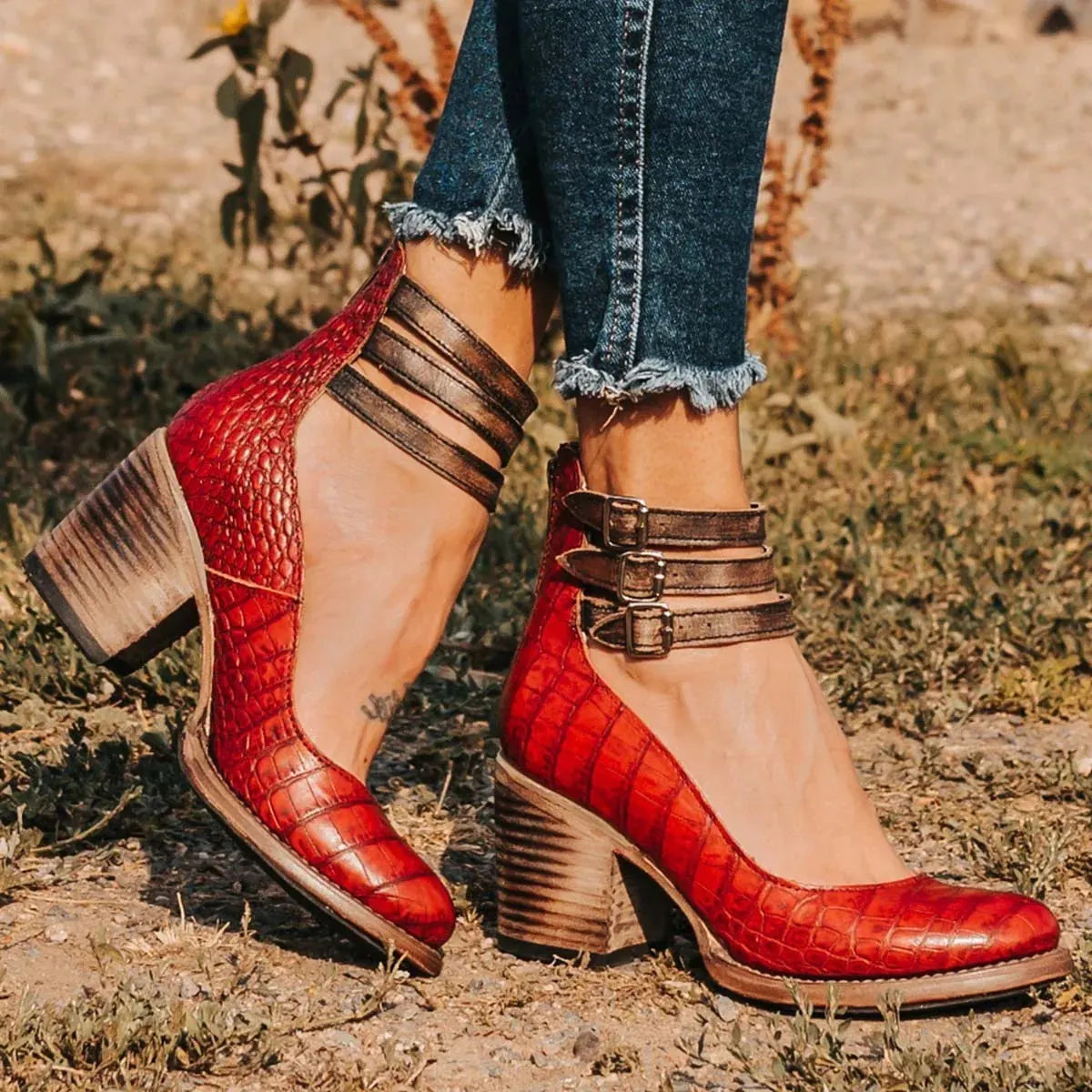 Ankle Boots Triple Buckle Strap Block Heel