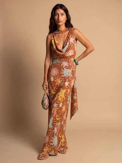 Cowl Neck Halter Maxi Dress Detachable Scarf Celestial Print
