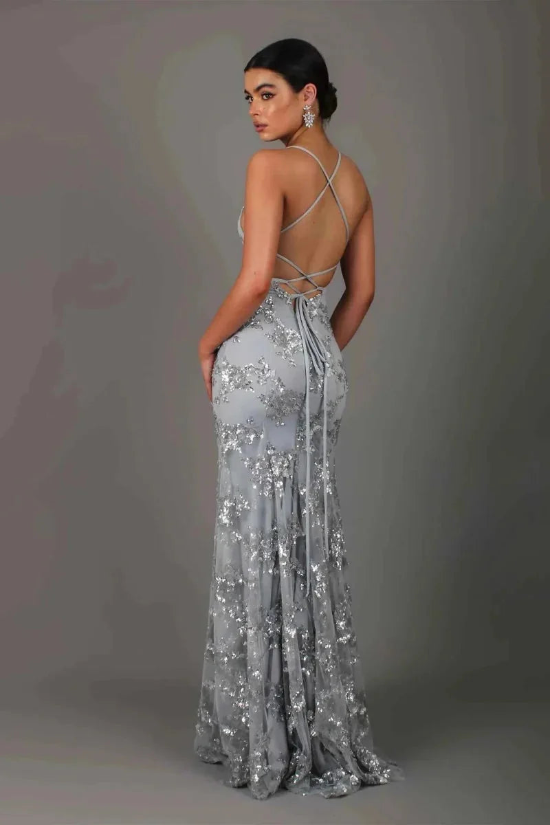 Sequin Dress – Navy Strappy Floor-Length