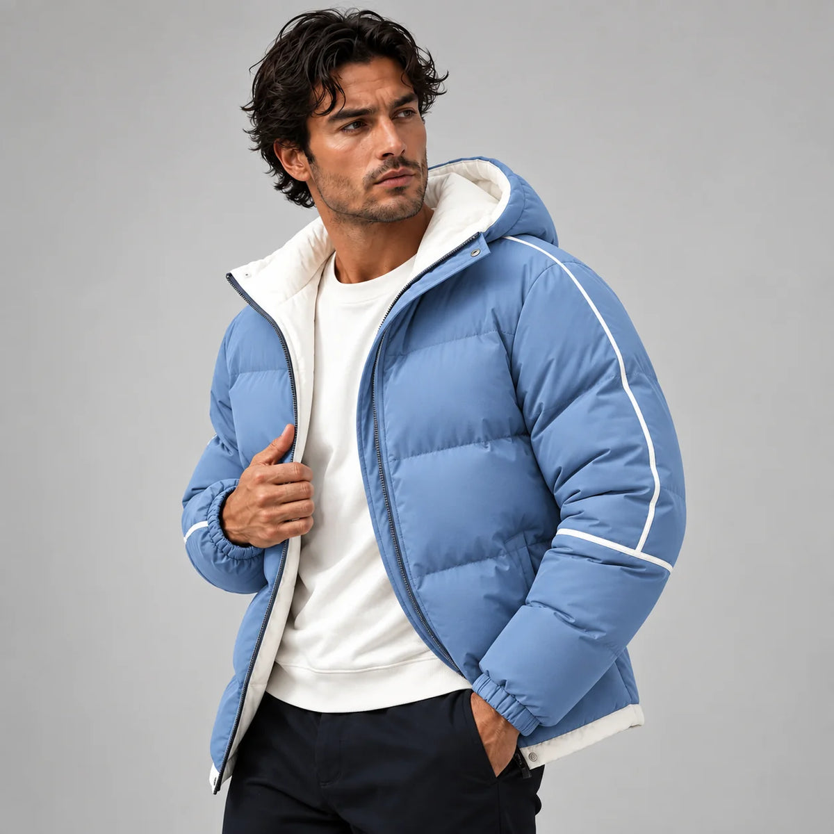 Men's Hooded Puffer Jacket – Black Contrast Piping