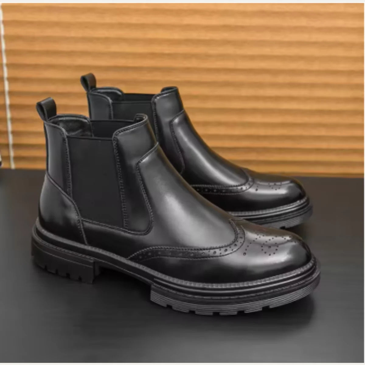 Men's Chelsea Boots – Black Leather Brogue Lug Sole
