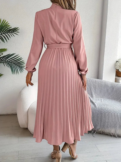Long Sleeve Pleated Belted Dress