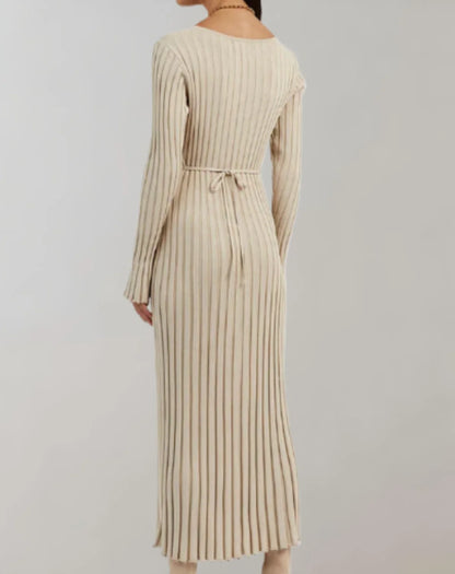 Sweater Dress – White V-Neck Ribbed Maxi