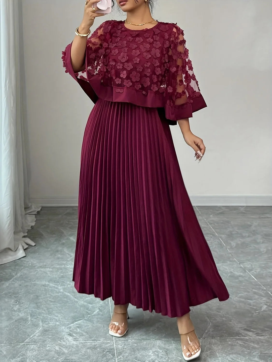 Maxi Dress 3D Floral Appliqué Pleated Wedding Guest