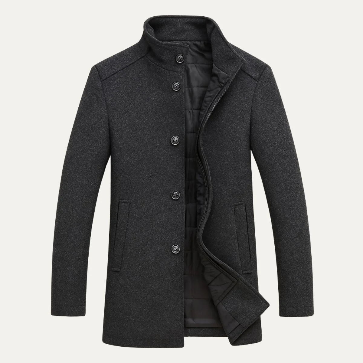 Men's Wool Coat – Black Stand Collar Overcoat
