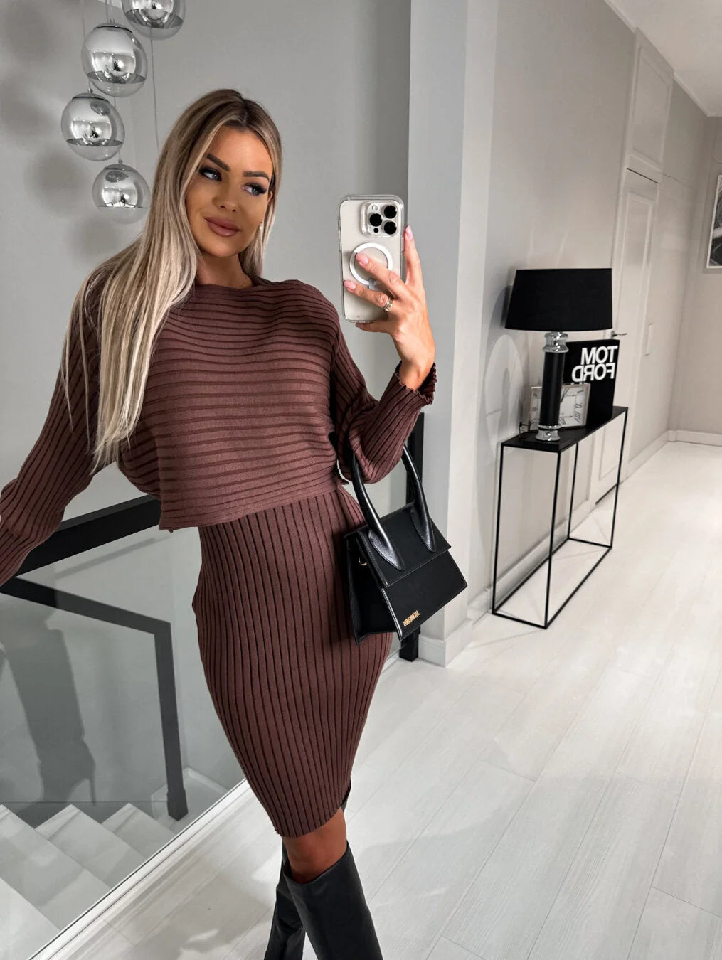 Sweater Dress – Grey Ribbed Two-Piece Midi
