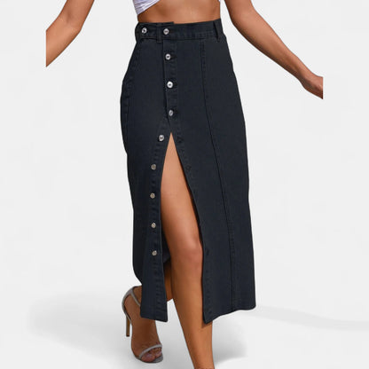 Button-Front Denim Midi Skirt