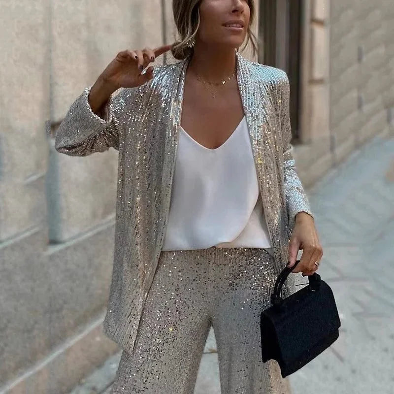 Sequin Blazer and Wide-Leg Pant Set