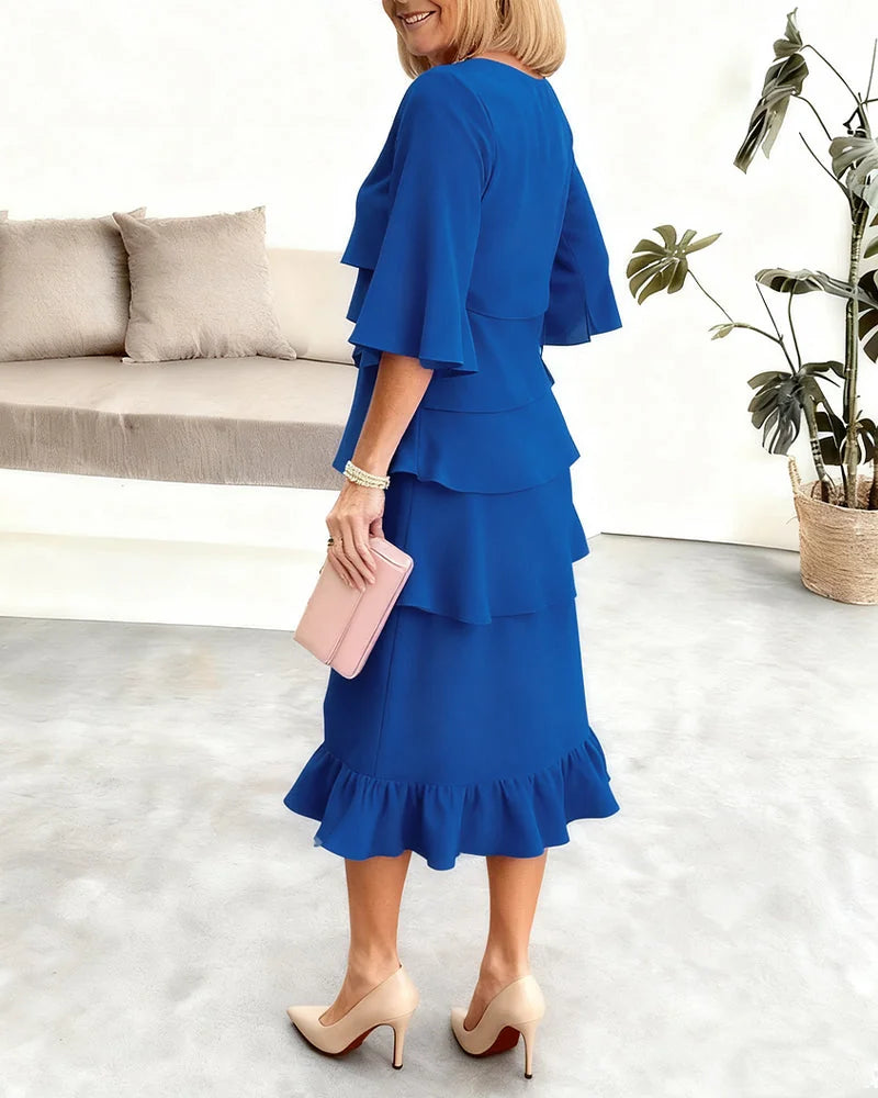 Tiered Wedding Guest Midi Dress with Split Sleeves