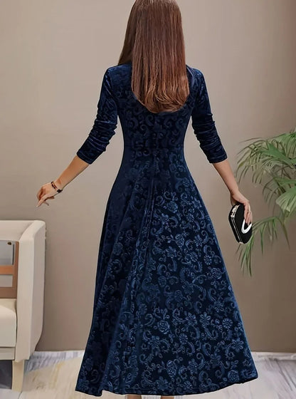 Velvet Square-Neck Floral Embossed A-Line Party Dress
