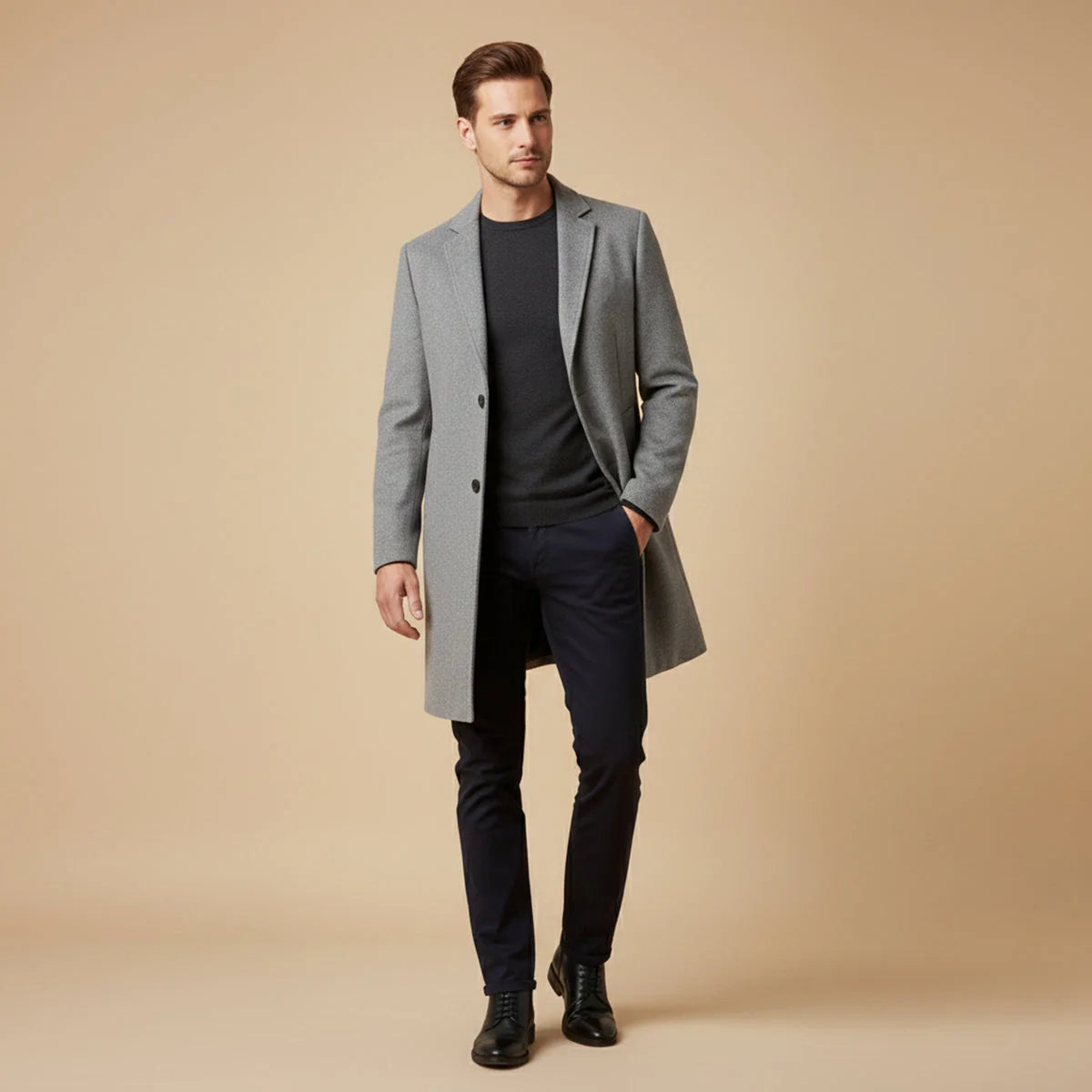 Men's Long Coat – Black Classic Notch Lapel