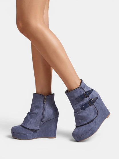 Wedge Ankle Boots Side Zip Double Buckle