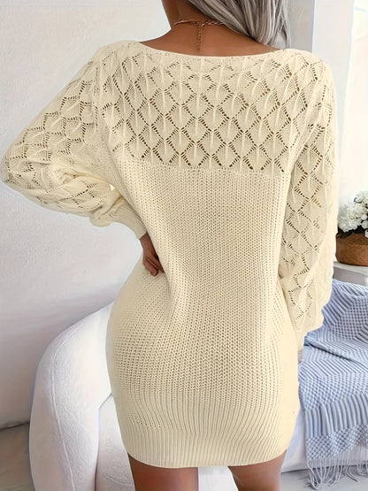 Chic Knit Mini Dress with Openwork Sleeves and Lace Detail