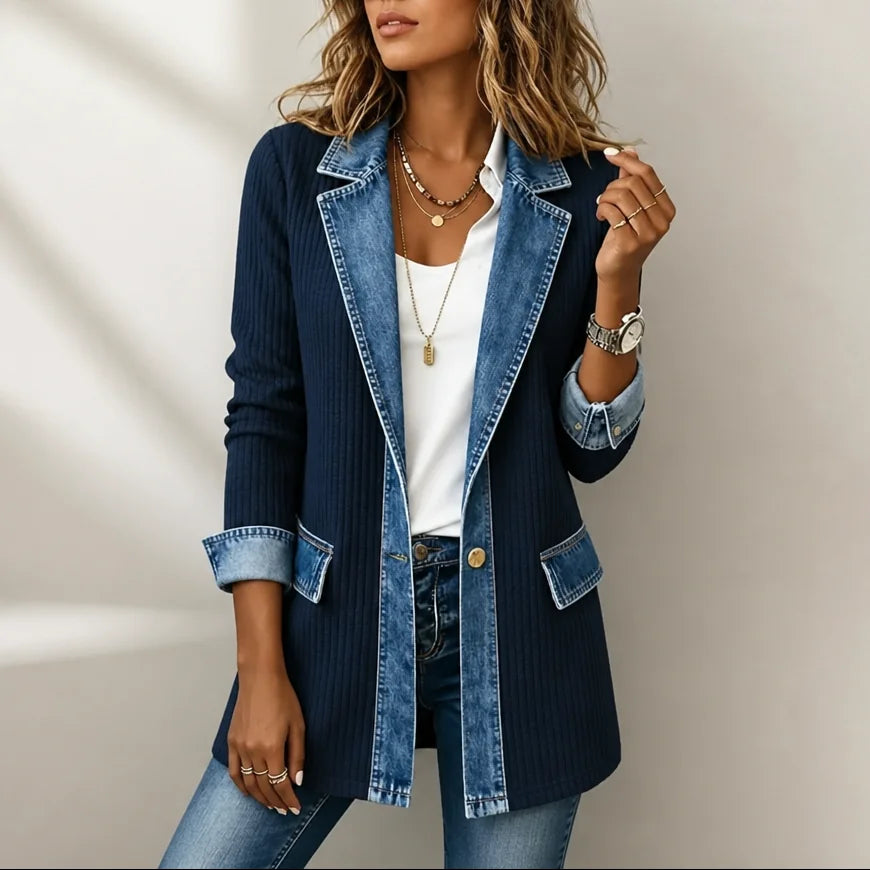 Knit Coat with Denim Panels Ribbed Cardigan