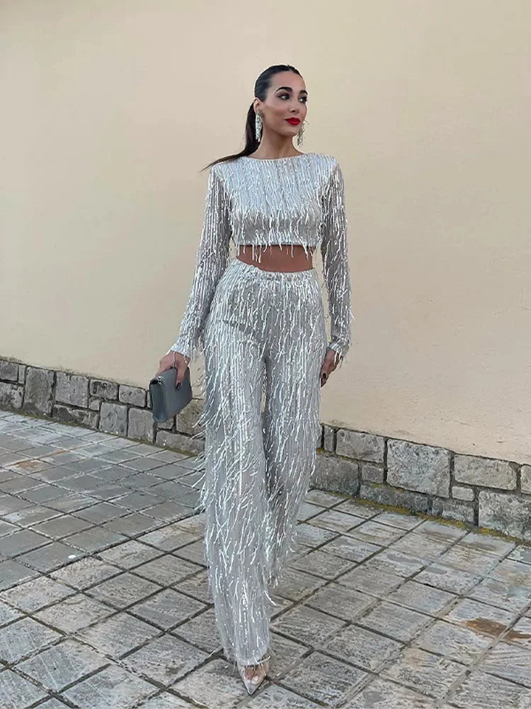 Sequin Pant Set – Black Two-Piece Long Sleeve