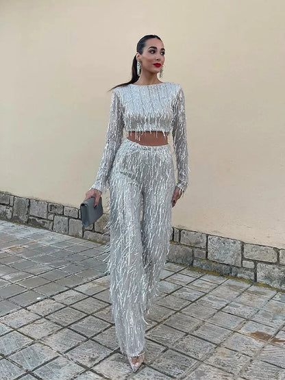 Sequin Pant Set – Black Two-Piece Long Sleeve