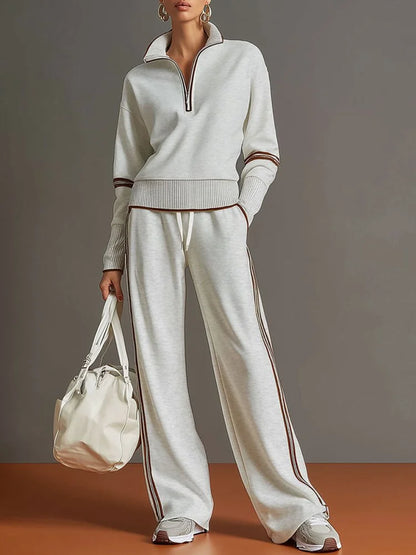 Half-Zip Loungewear Set with Wide-Leg Pants