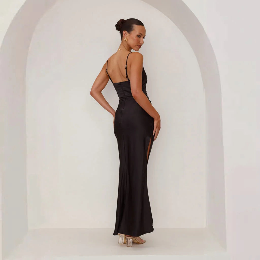 Wedding Guest Dress – Black Pleated Maxi