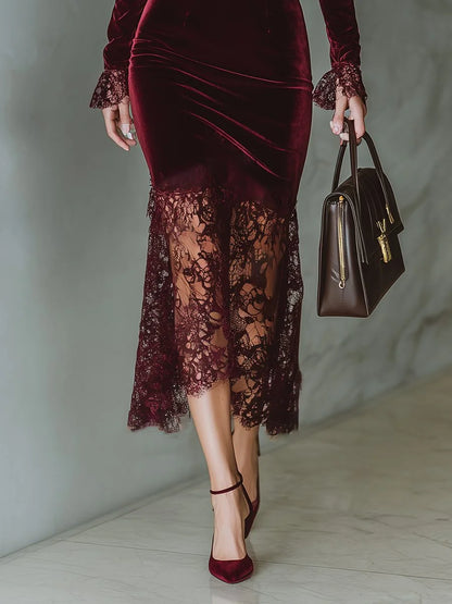 Velvet Long Sleeve Formal Maxi Dress with Lace Hem