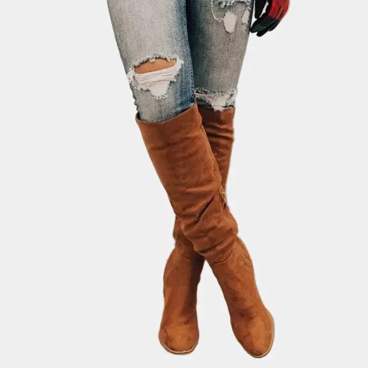 Ruched Block Heel Knee-High Boots