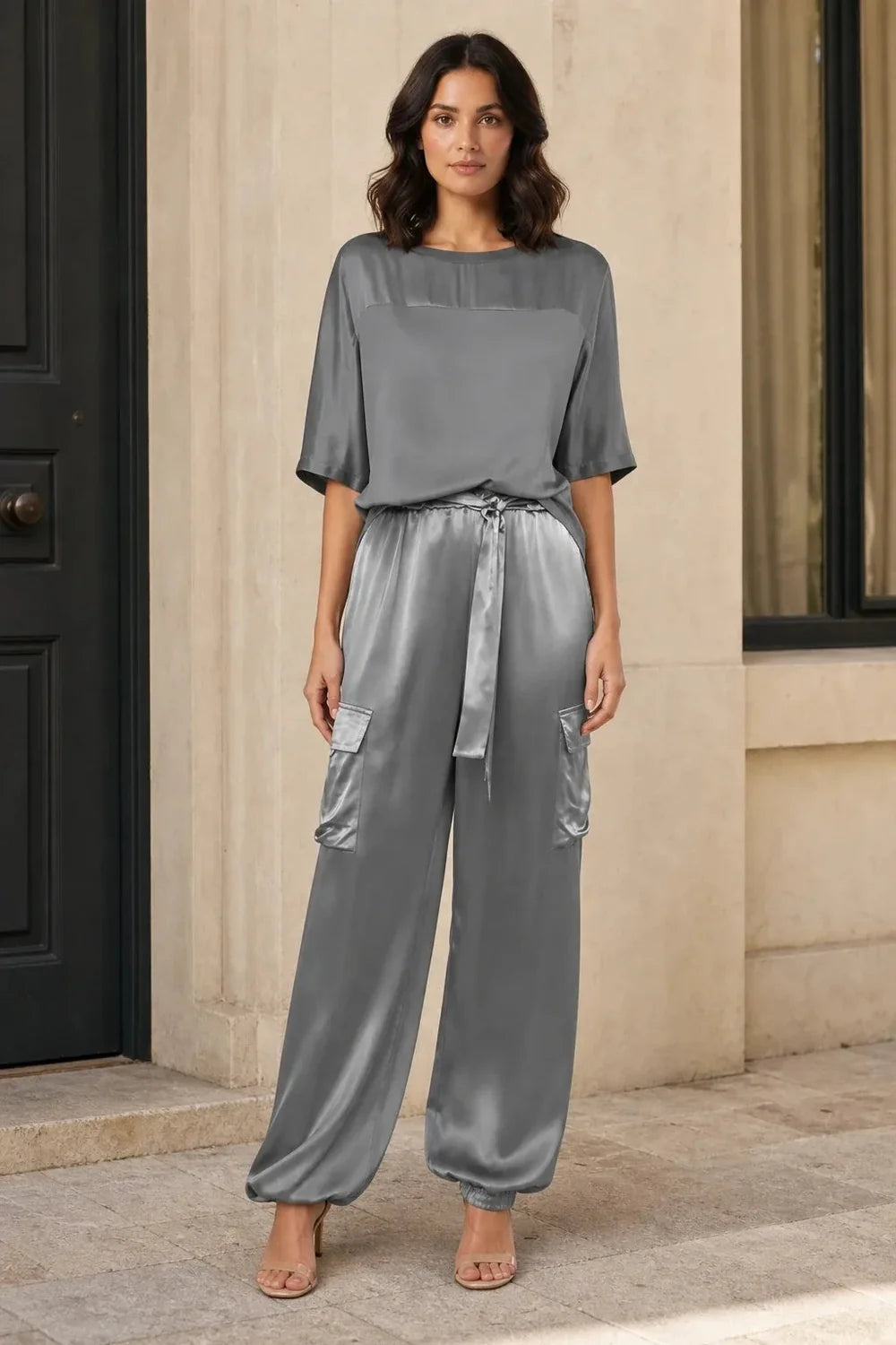 Satin Cargo Pants Set Two Piece
