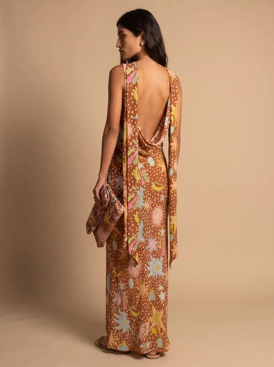 Cowl Neck Halter Maxi Dress Detachable Scarf Celestial Print