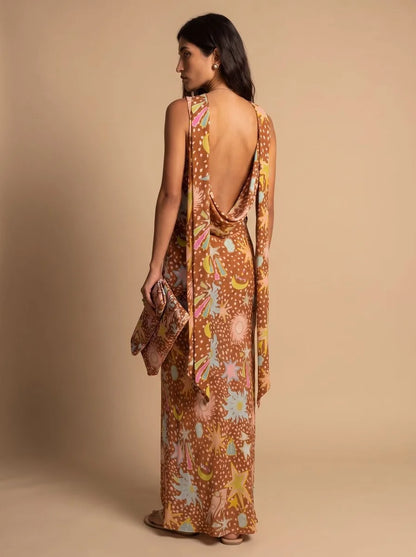 Cowl Neck Halter Maxi Dress Detachable Scarf Celestial Print
