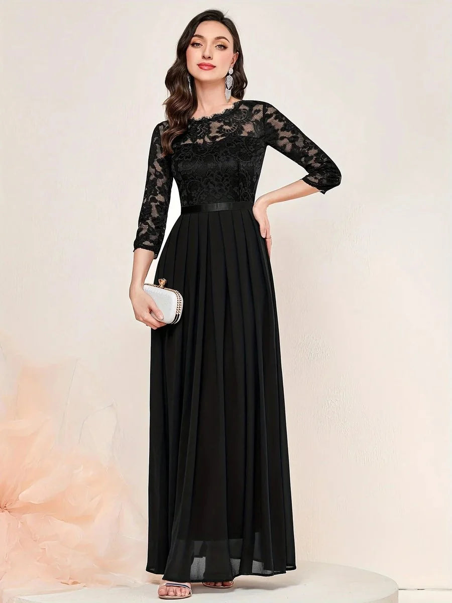 Lace Maxi Dress – Red Three-Quarter Sleeve