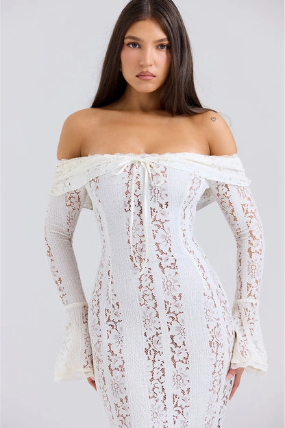 Lace Maxi Dress – Black Off-Shoulder Bell Sleeve