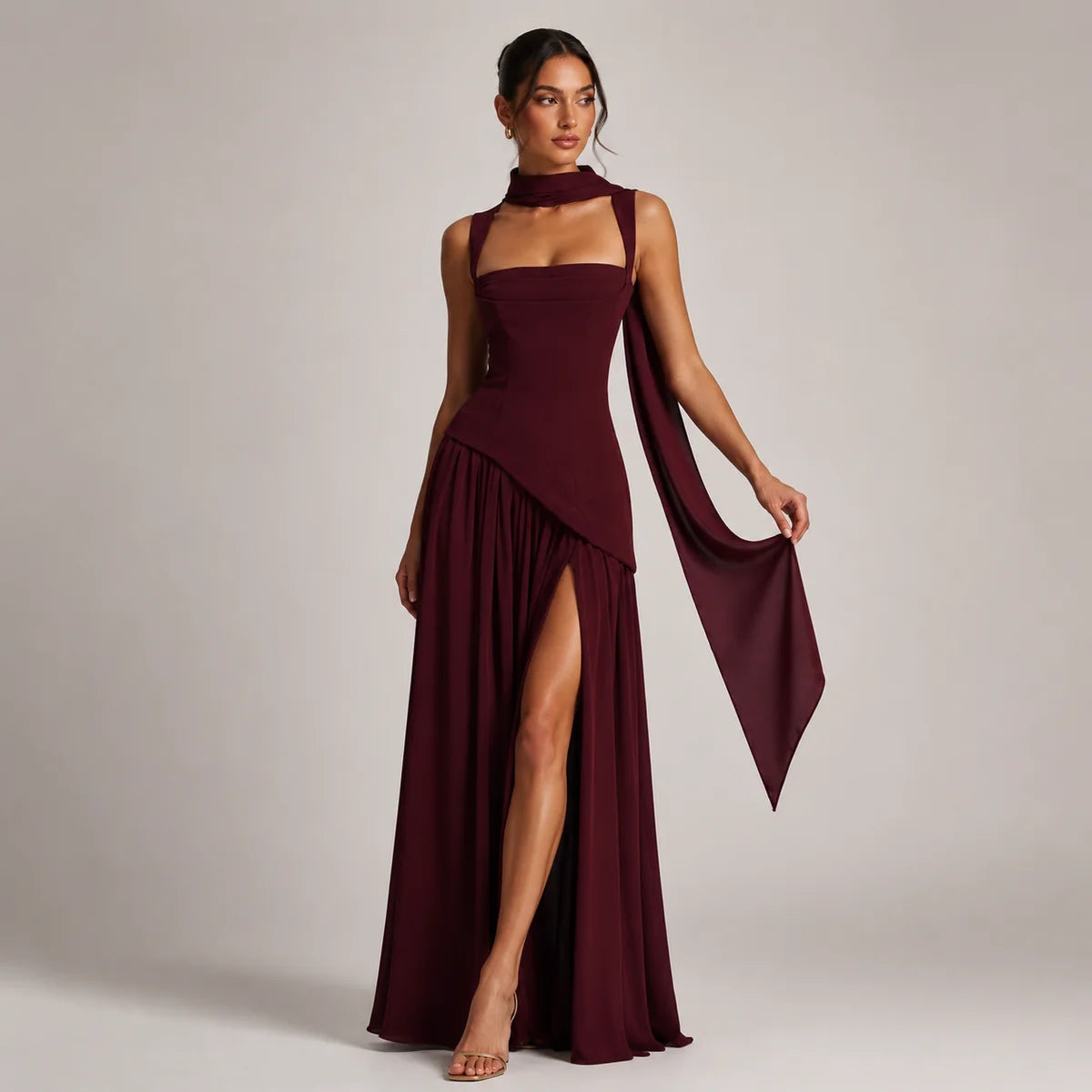 Draped Satin Wedding-Guest Maxi Dress