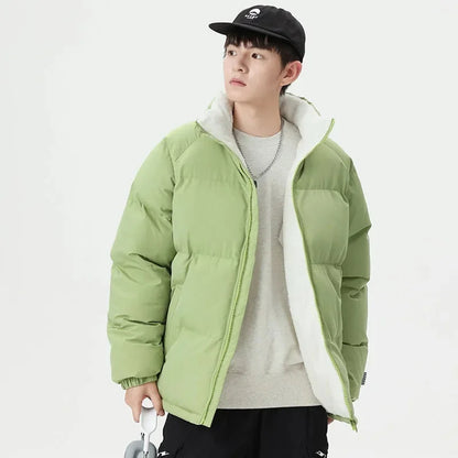 Men's Puffer Jacket – Black Fleece-Lined Stand Collar