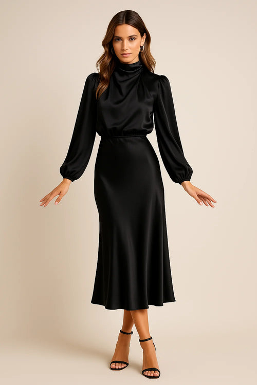 Wedding Guest Dress – Black Roll Neck Satin Midi