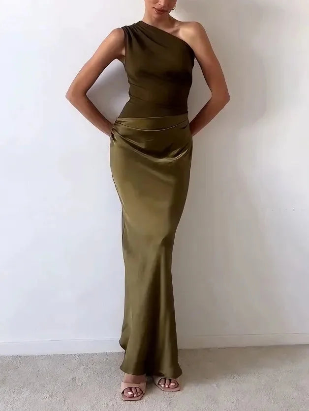 Wedding Guest Dress – Brown One-Shoulder Ruched Maxi