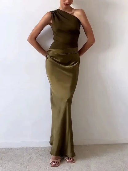 Wedding Guest Dress – Brown One-Shoulder Ruched Maxi