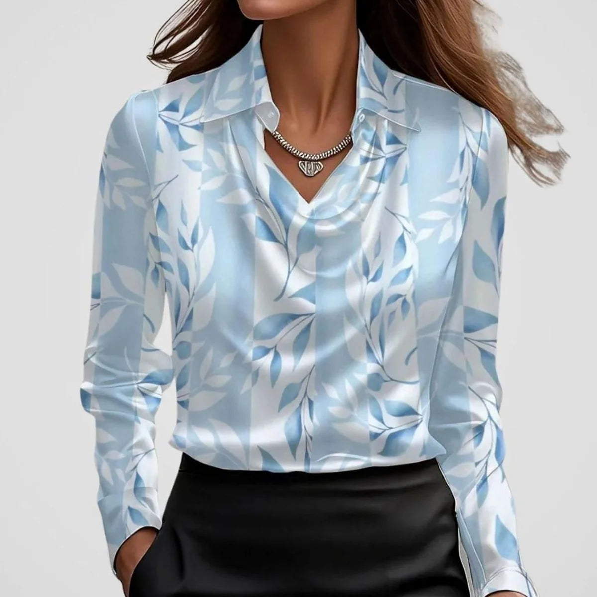 Elegant Cowl-Neck Long-Sleeve Satin Blouse