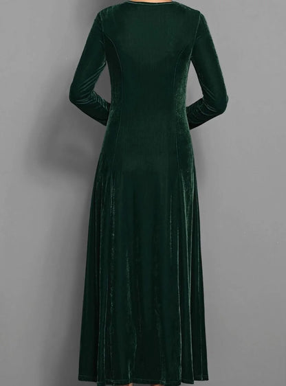 Velvet Maxi Dress – Red Long Sleeve Round Neck