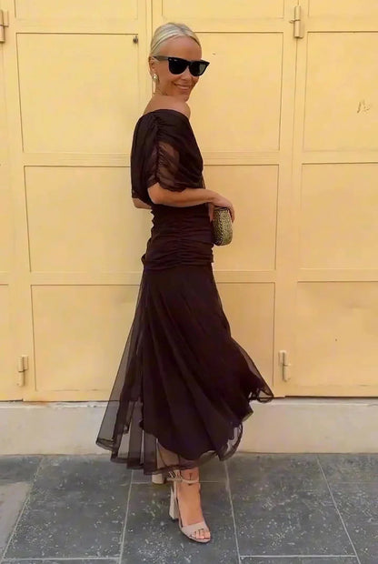 Wedding Guest Dress – Bordeaux Chiffon Sleeve Maxi