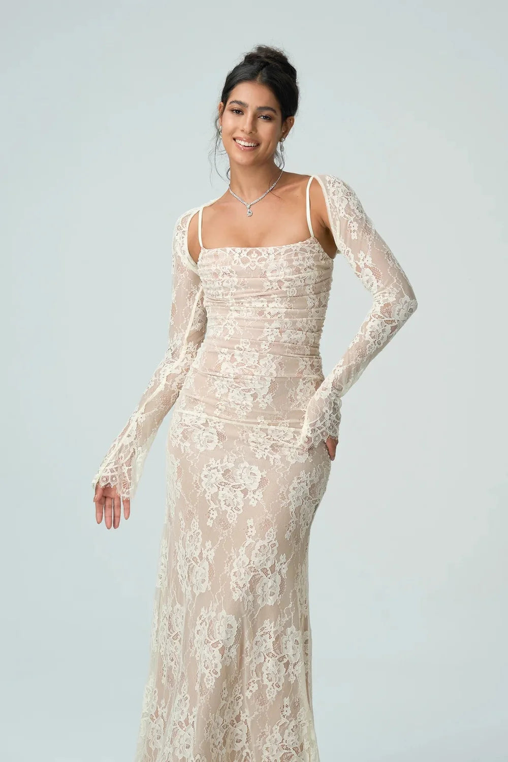 Lace Maxi Dress – Black Long Sleeve Square Neck